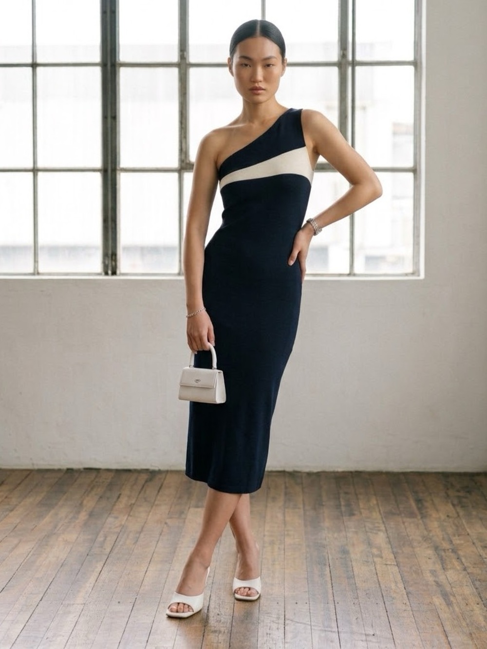Vintage Y2K Ralph Lauren blue colourblock one shoulder silk midi dress - US 6